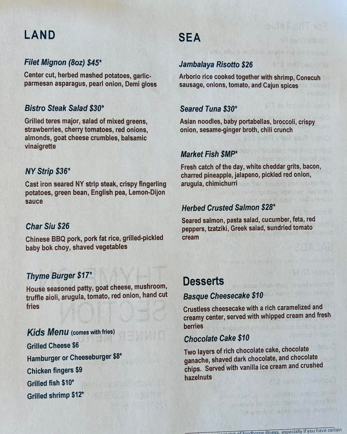 Thyme on Section's Spring 2025 menu