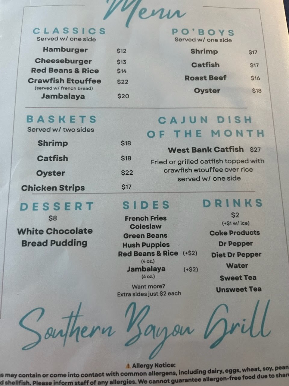 Southern Bayou Grill menu