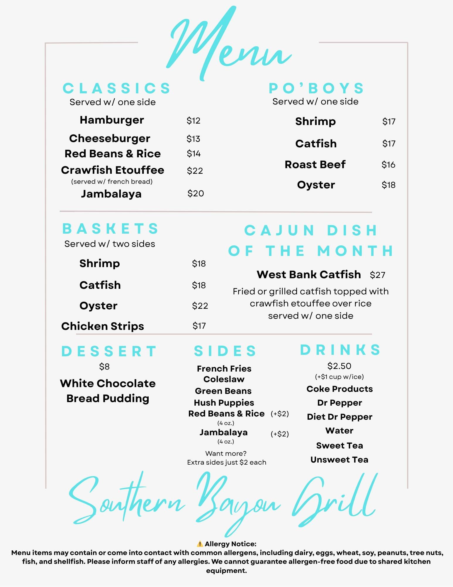 Southern Bayou Grill's menu