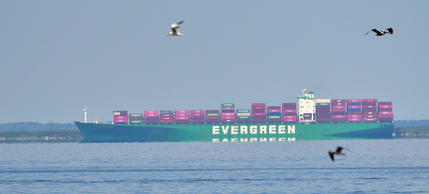 The container ship Ever Superb sails through Mobile Bay JUL 31 2025.