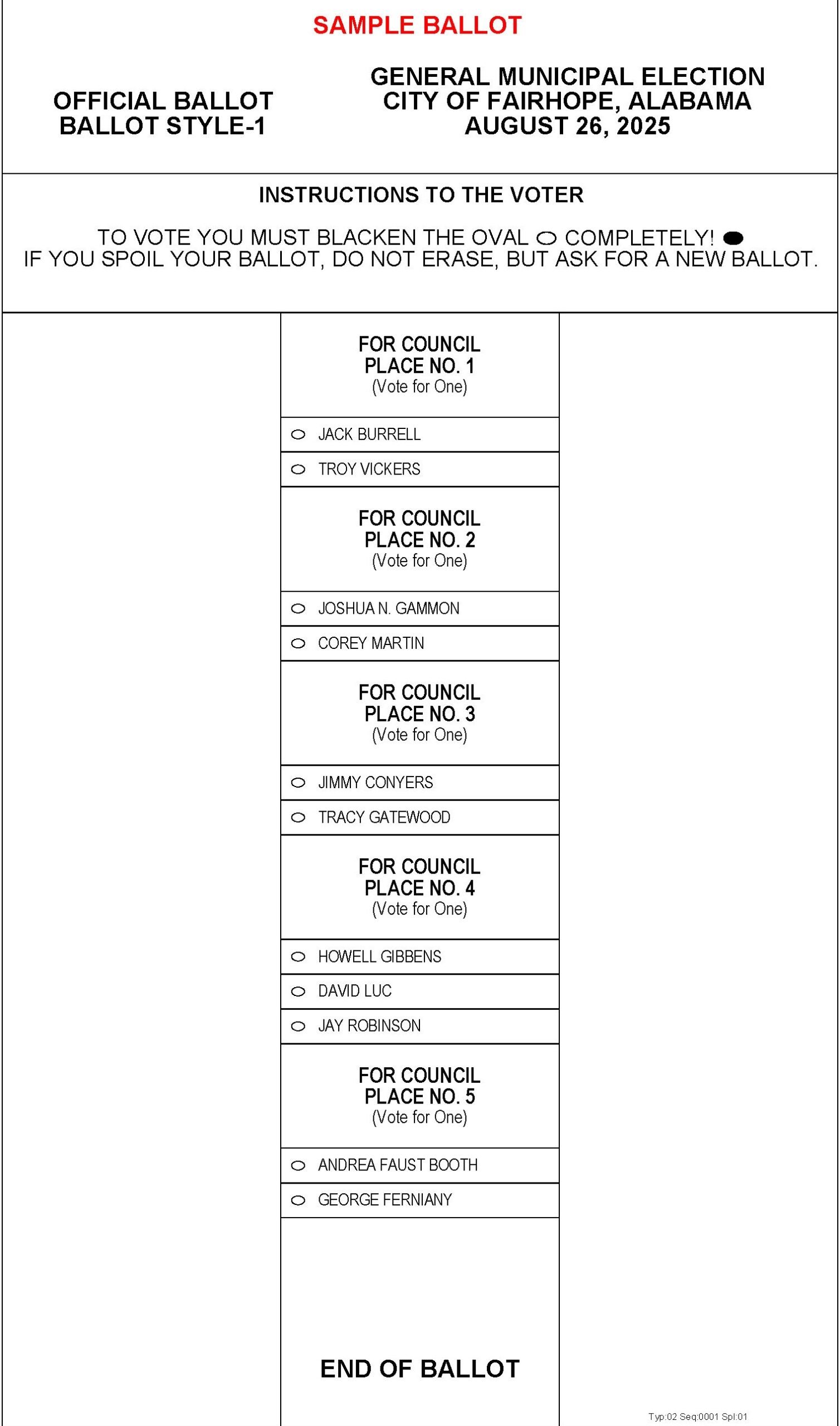 Fairhope AUG 26 2025 council election ballot