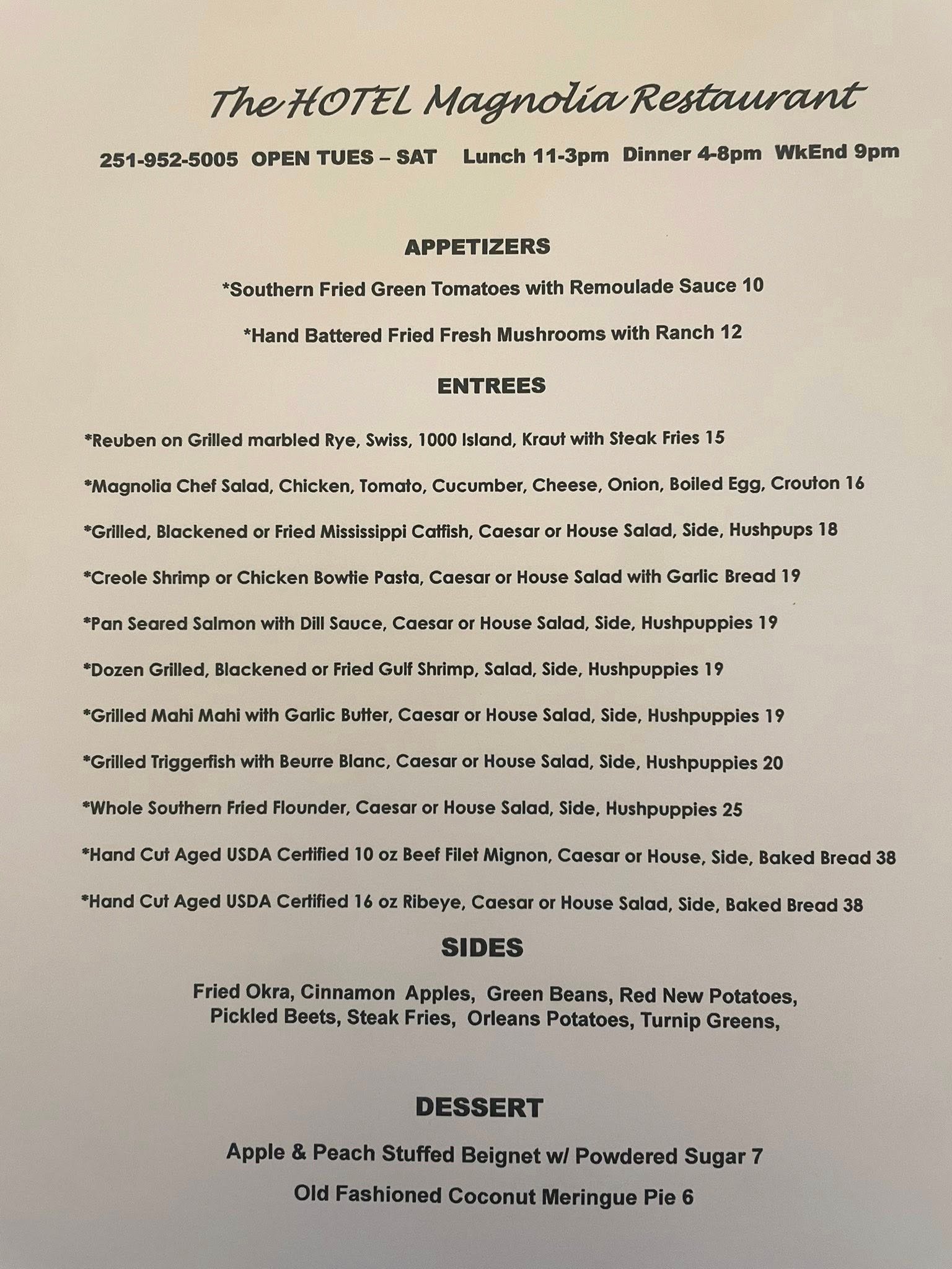 Hotel Magnolia Foley restaurant menu
