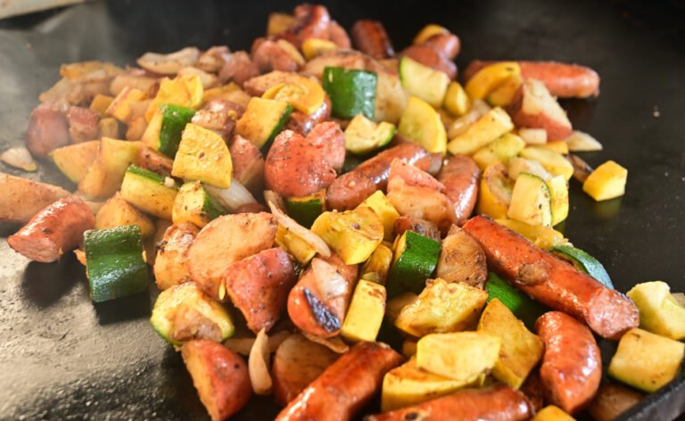Grilled Conecuh sausage with vegetables