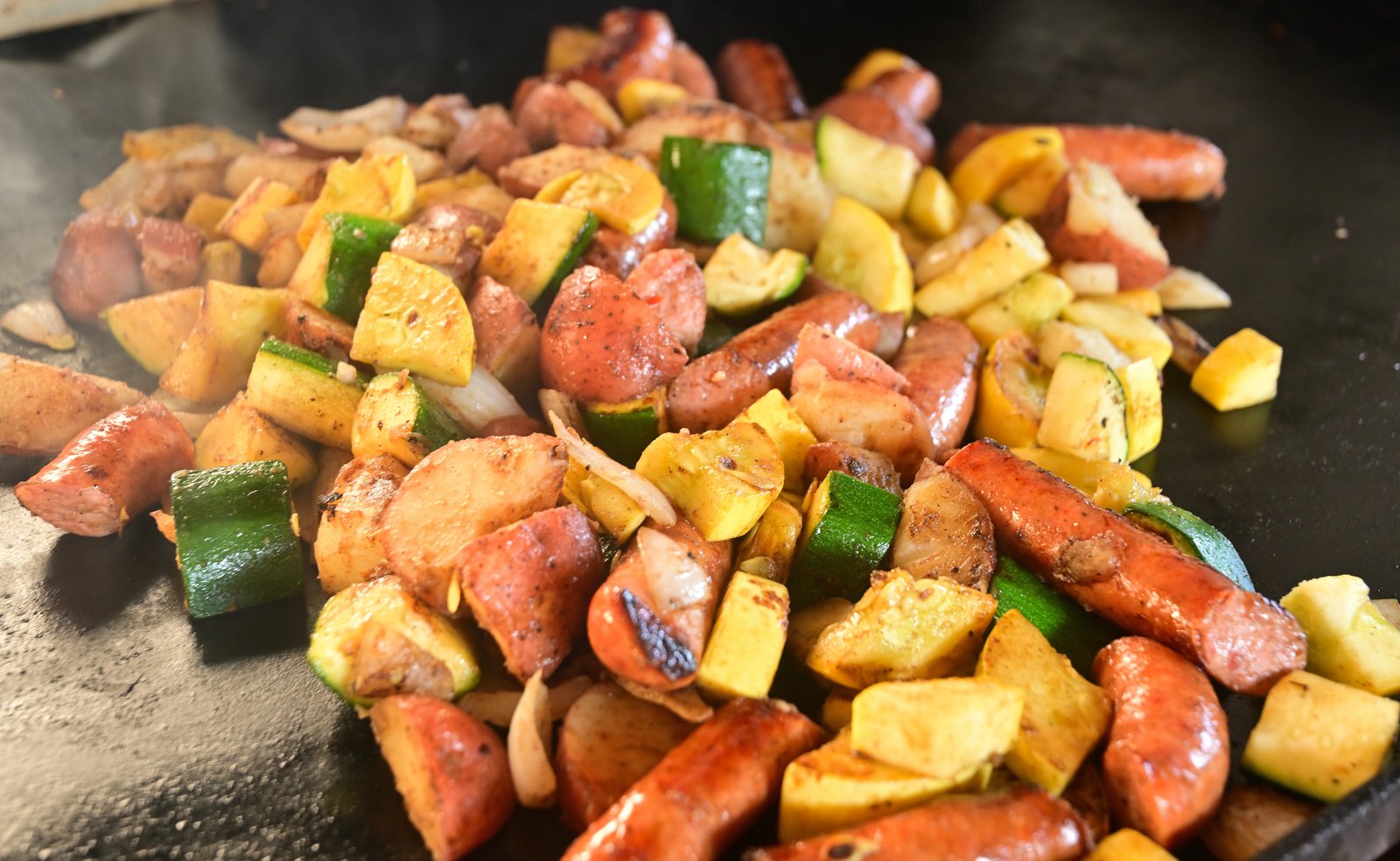 Grilled Conecuh sausage with vegetables