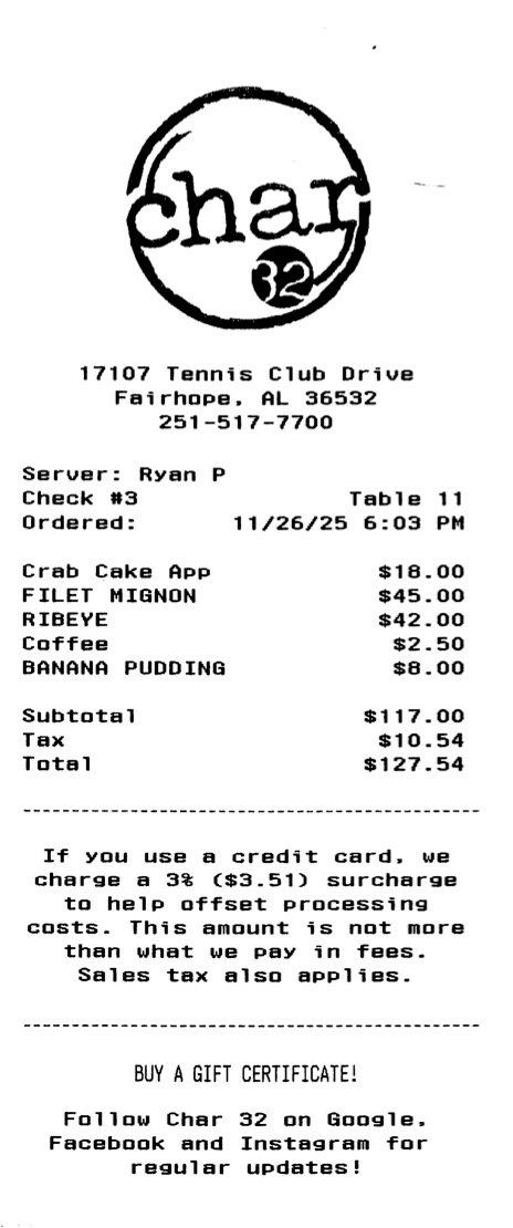 Receipt from Char 32 in Fairhope, Alabama