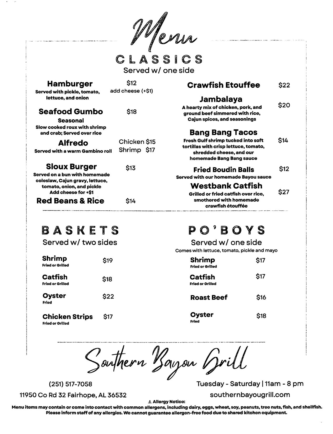 Southern Bayou Grill in Fairhope menu