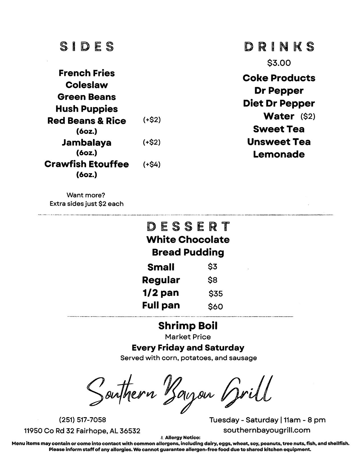 Southern Bayou Grill in Fairhope menu