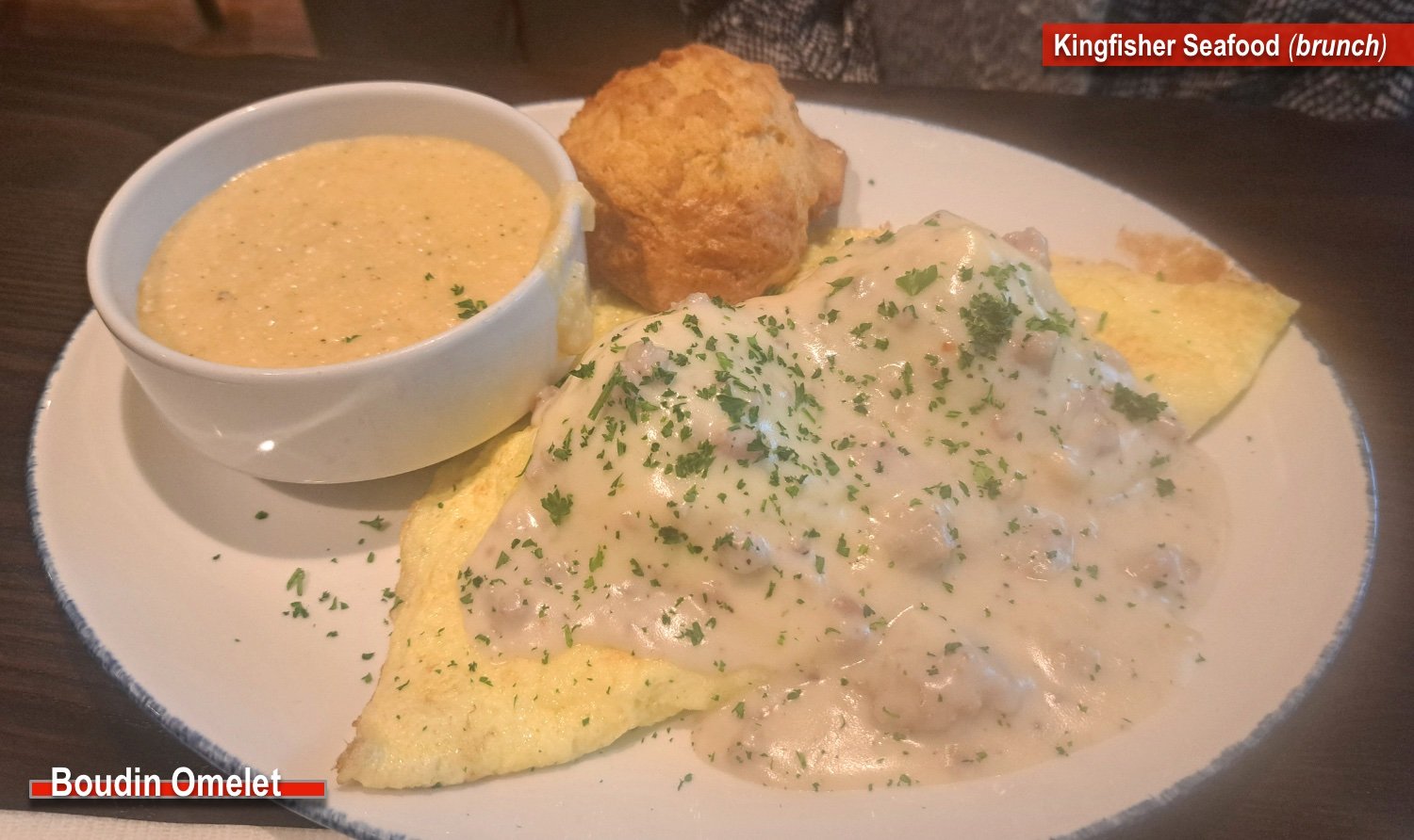 Boudin Omelet at Kingfisher Seafood Restaurant in Fairhope, Alabama