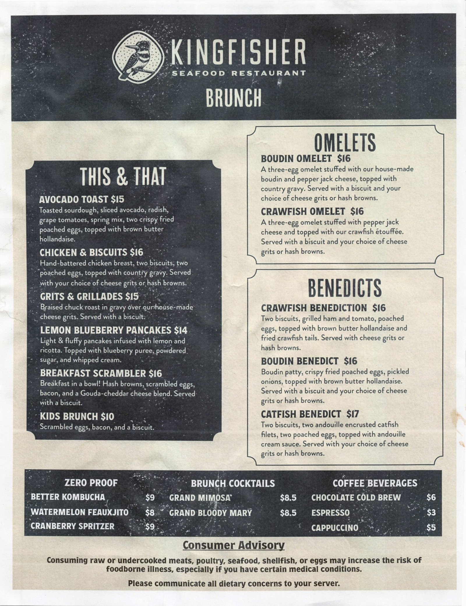 Kingfisher Seafood Restaurant's brunch menu
