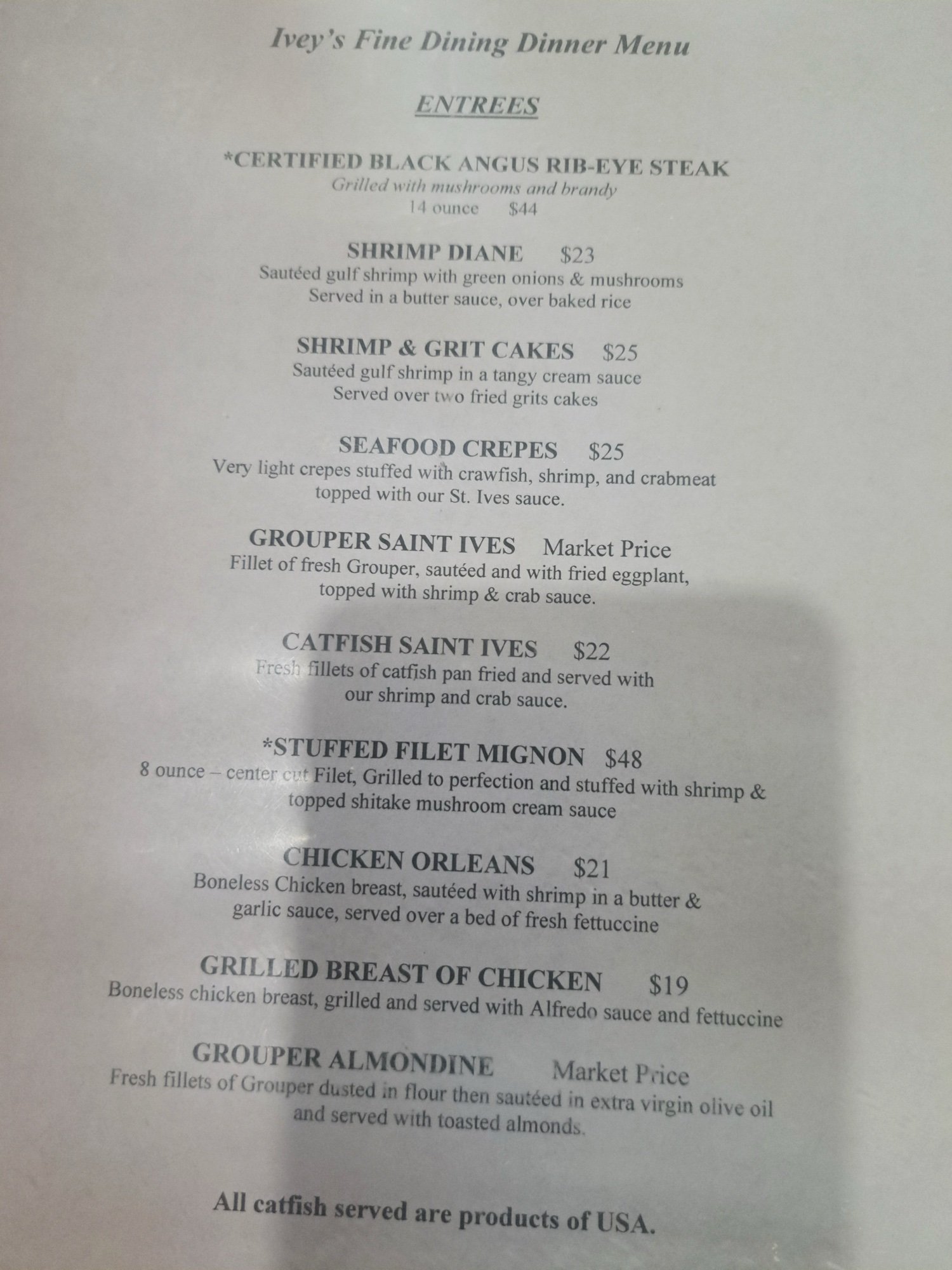 Menu at Ivey's in Robertsdale AL